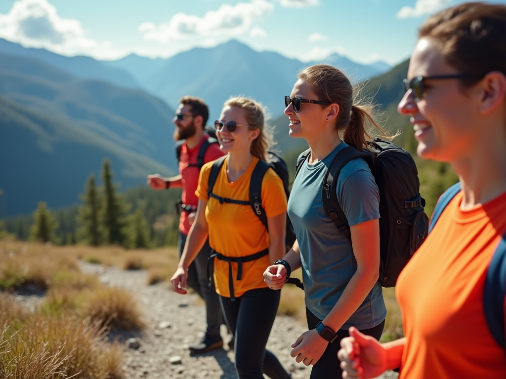 Group of friends hiking on a sunny day in the mountains, wearing backpacks and sunglasses.