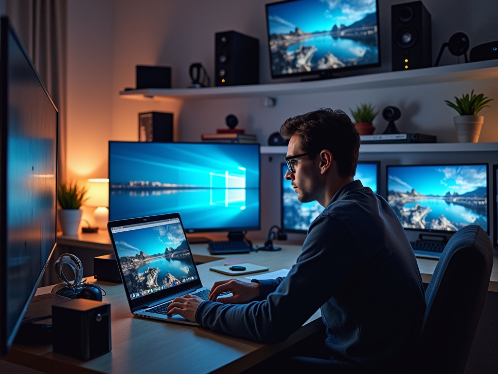 Man working in a multi-screen computer setup in a dimly lit room.