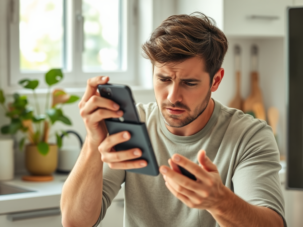 A man looks frustrated while staring at his smartphone, sitting in a bright kitchen with plants in the background.