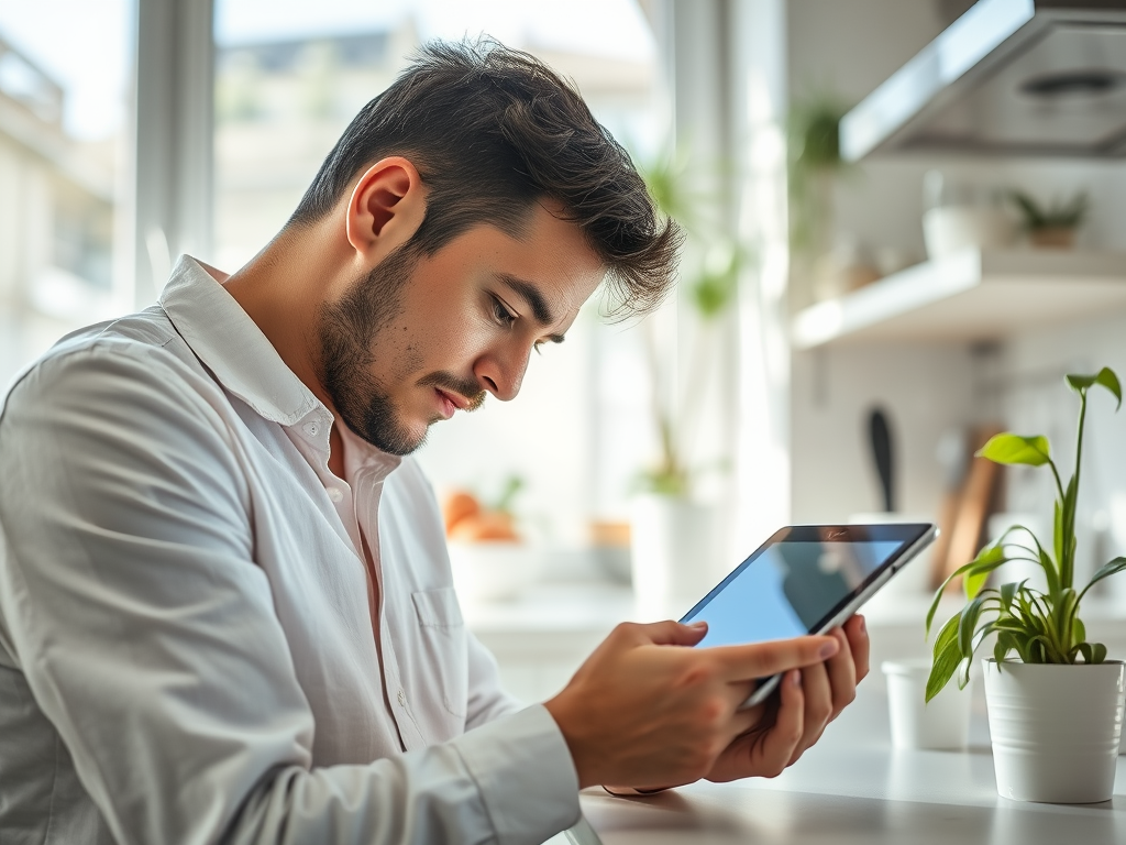 A young man in a white shirt focuses intently on a tablet while seated at a bright, modern kitchen table.