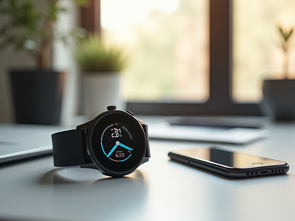 Smartwatch and smartphone on a desk with natural light coming from a window.