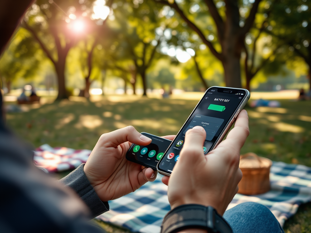 A person holds a smartphone displaying an app in a sunny park with trees, while sitting on a picnic blanket.