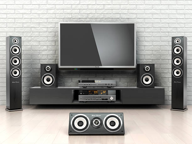 Home entertainment system setup with multiple speakers and a large TV in a modern living room.