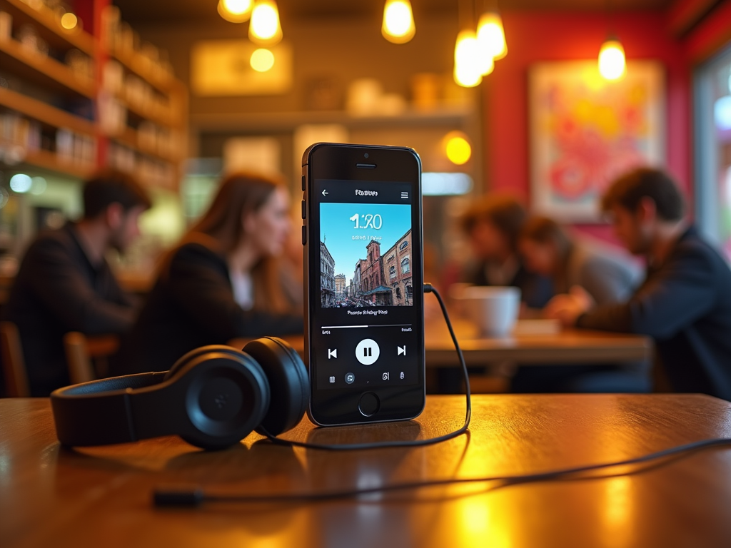 Smartphone and headphones on a cafe table with blurry background of people working.