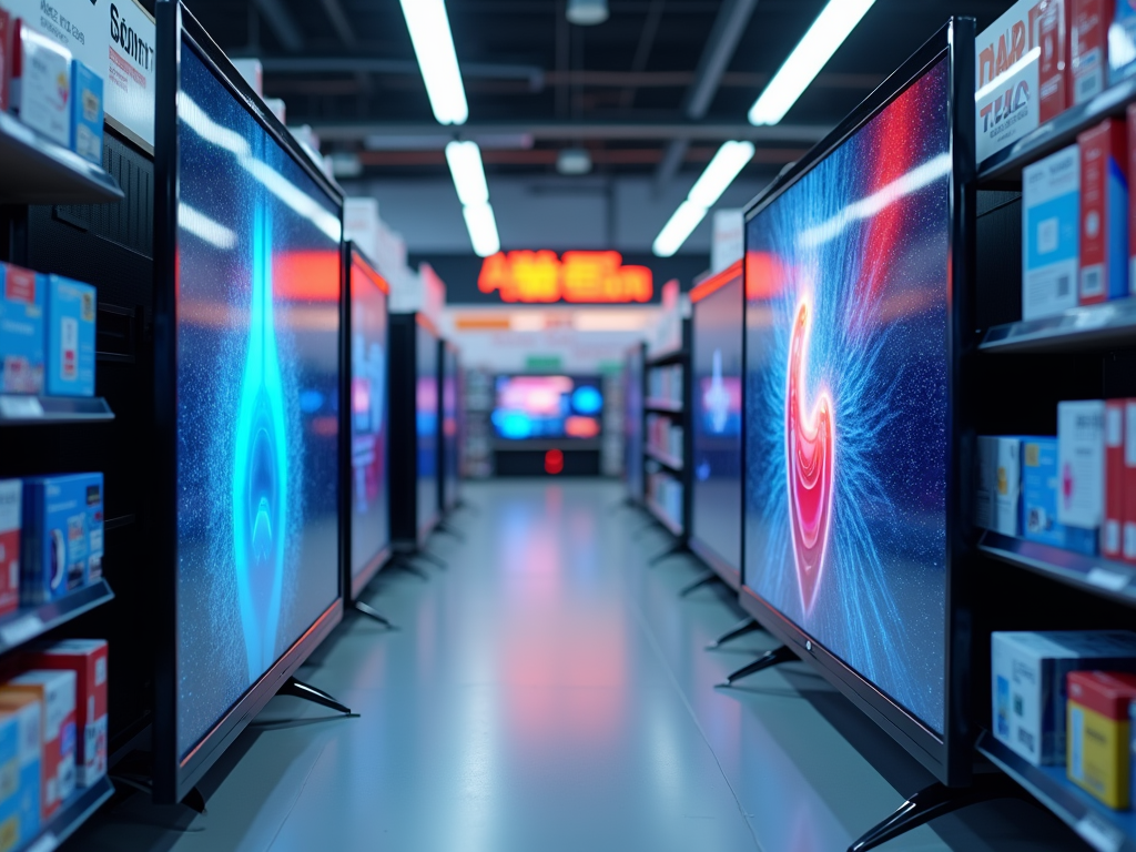 Aisle of an electronics store displaying vibrant, high-resolution TVs with dynamic images.