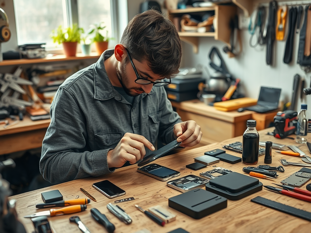 A person assembles a smartphone in a workshop, surrounded by tools and components on a wooden table.