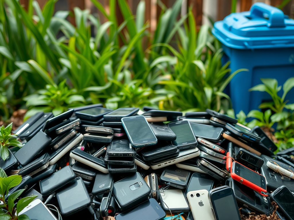 A large pile of old mobile phones surrounded by green plants, with a blue trash bin in the background.