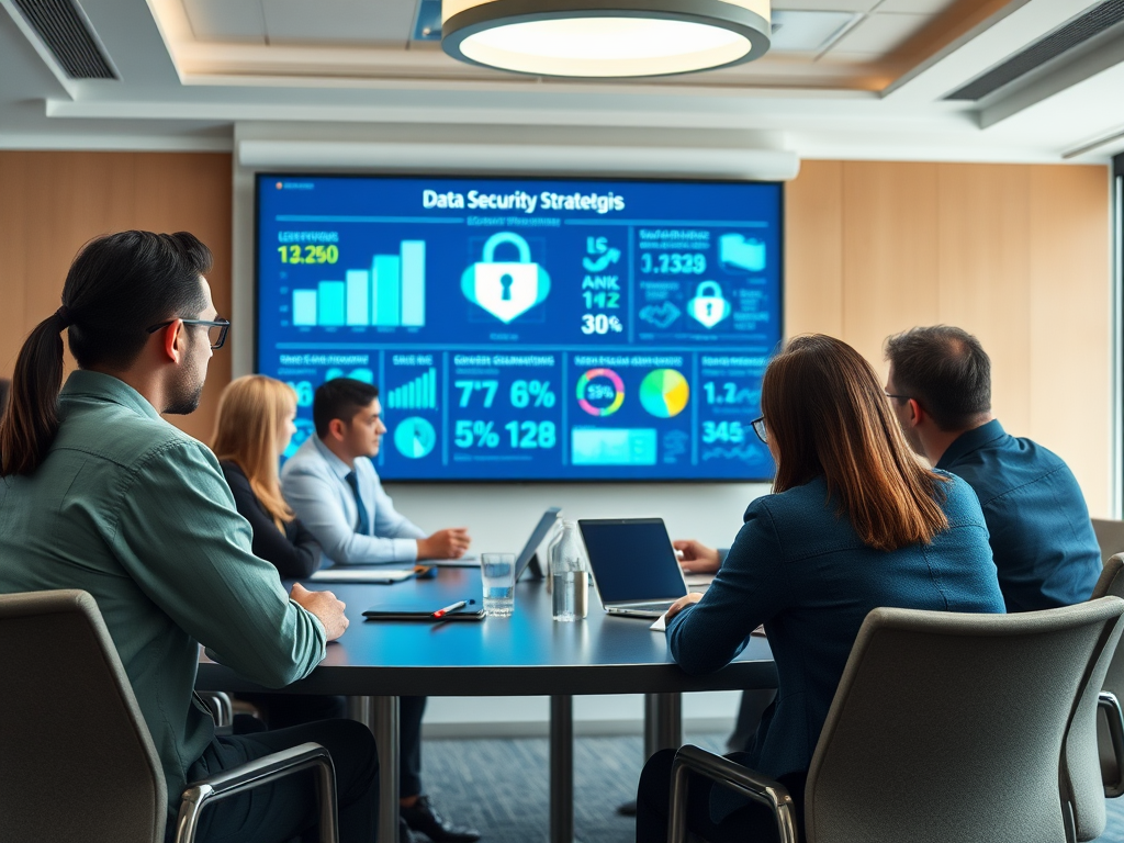 A group of professionals in a meeting room analyzing data security strategies displayed on a large screen.