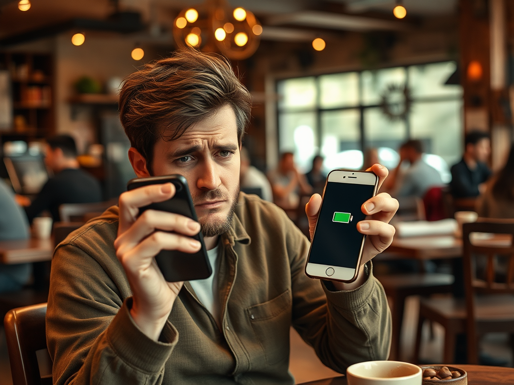 A man in a café looks concerned while checking two phones, one charging and the other with a low battery indicator.