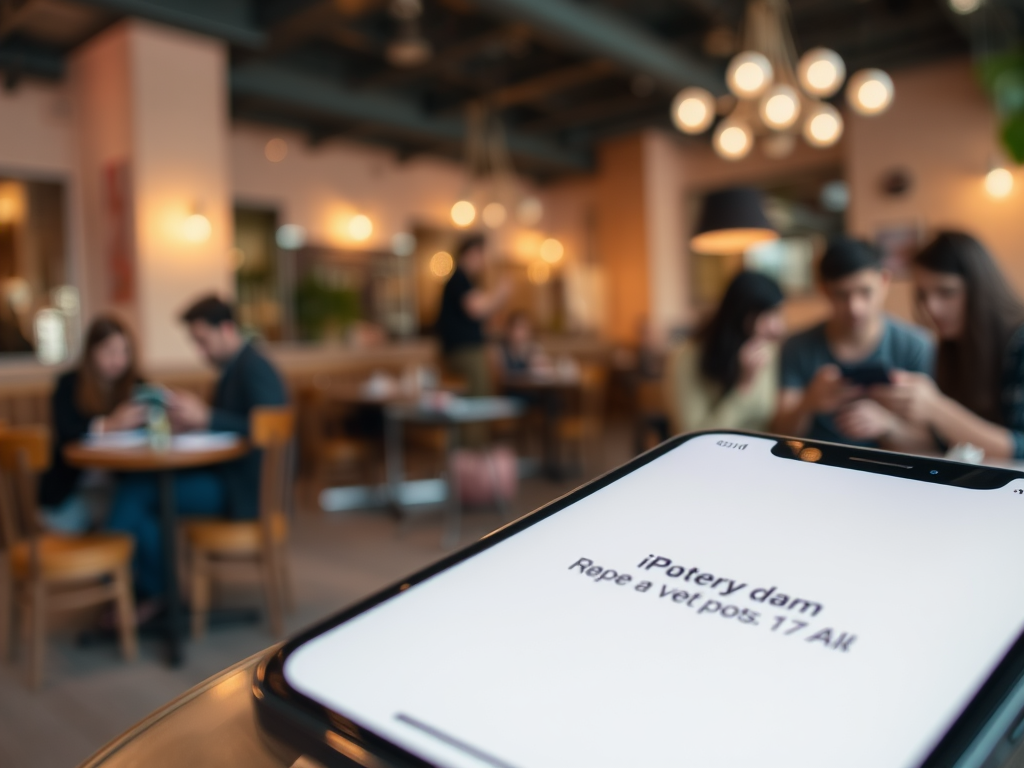 A smartphone on a table displaying "iPotery dam" with people chatting in a cafe setting blurred in the background.