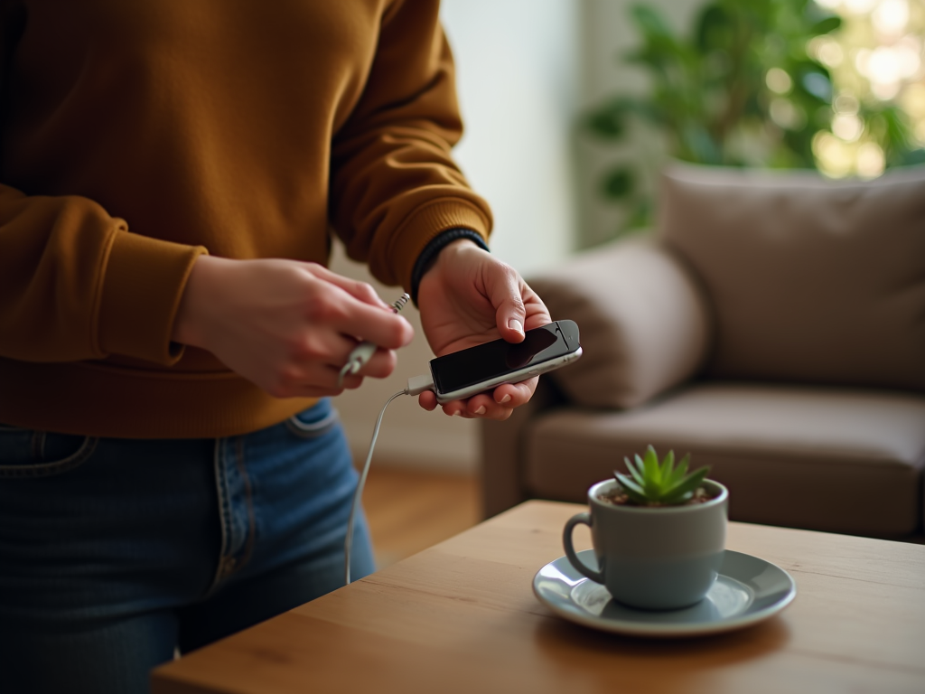 Person connecting smartwatch to phone, cozy home setting with plant on table.