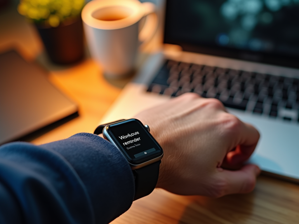 A person's wrist wearing a smartwatch displaying a workout reminder, beside a laptop and a cup of coffee.