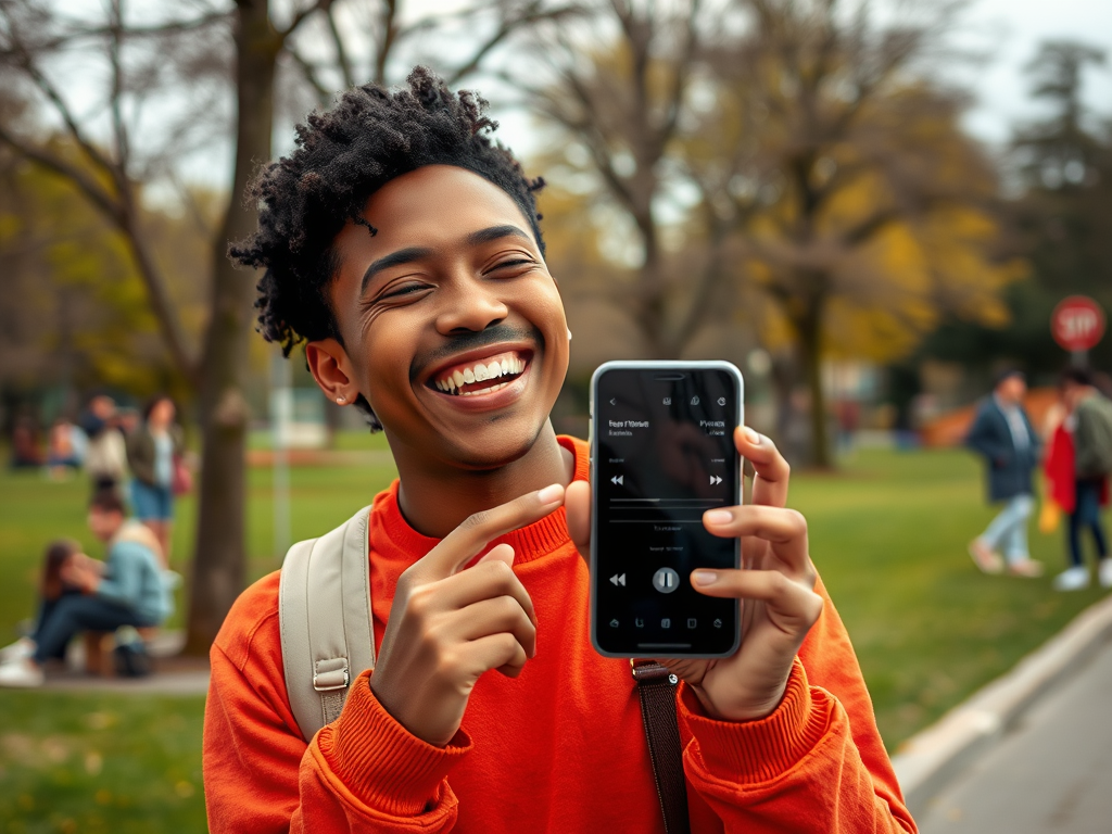 A young man in an orange sweatshirt smiles widely while holding a phone displaying a music app in a park.