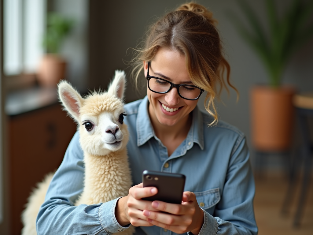 A smiling woman in glasses shows her phone to a curious alpaca indoors.