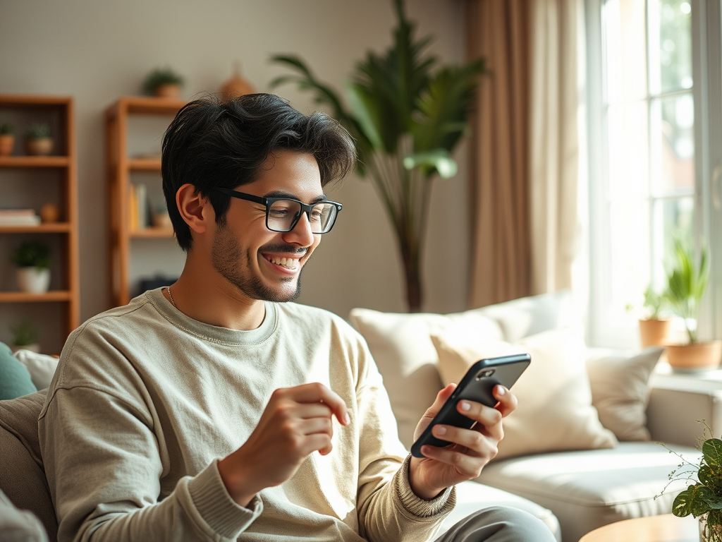 A young man with glasses smiles while looking at his smartphone in a cozy, well-lit living room.