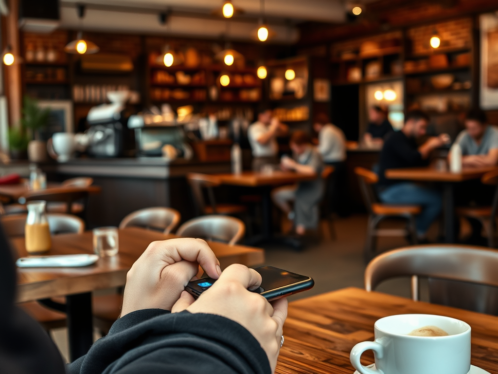 A person using a smartphone at a café, with a cup of coffee on the table and others socializing in the background.