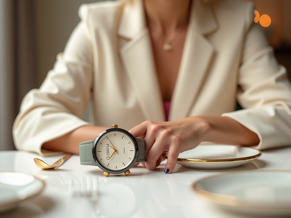 Close-up of a woman's hand touching a wristwatch on a table, with soft lighting and elegant setting.