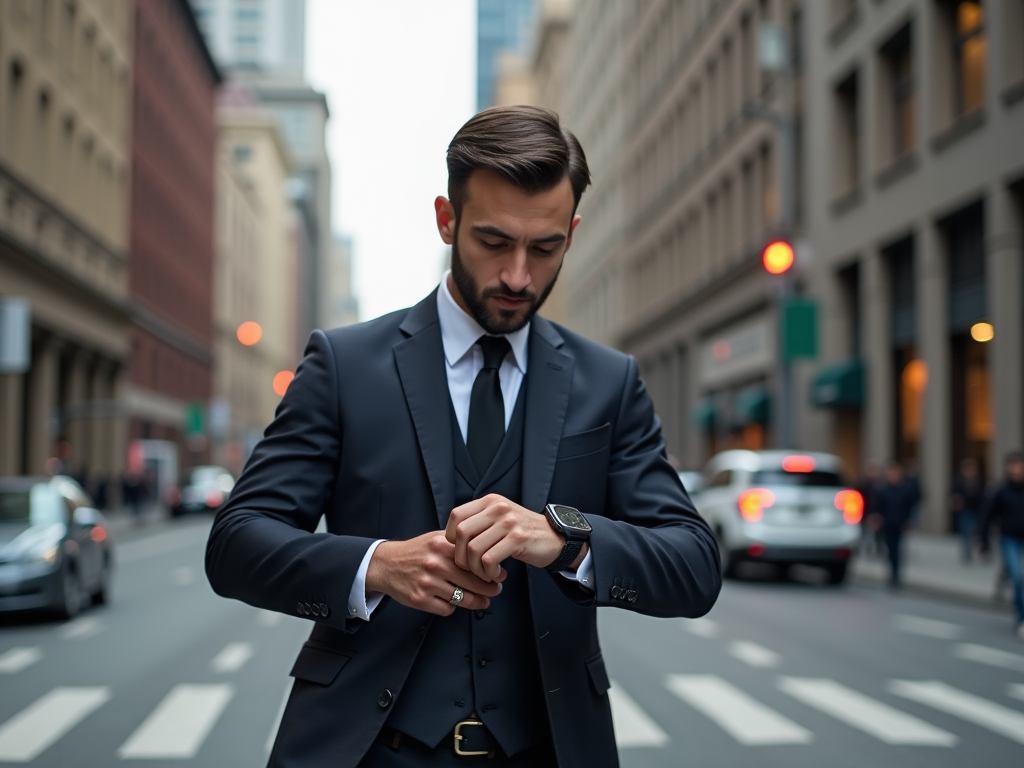 Man in suit checking watch on busy city street.