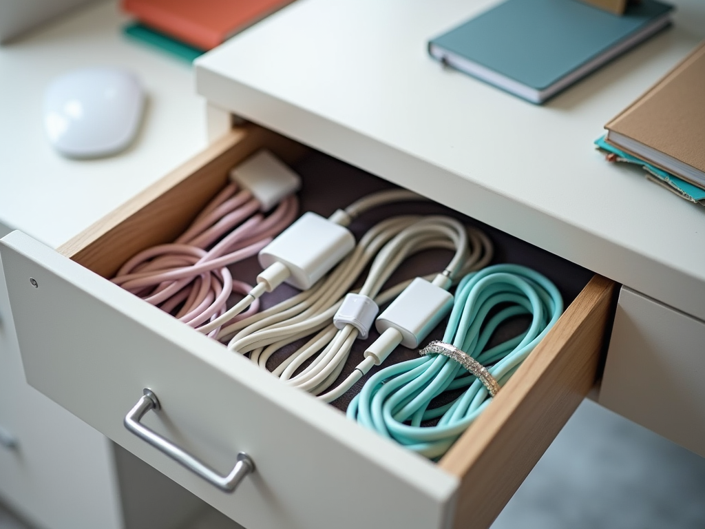 Open desk drawer organized with neatly arranged colorful charging cables and notebook edges visible.