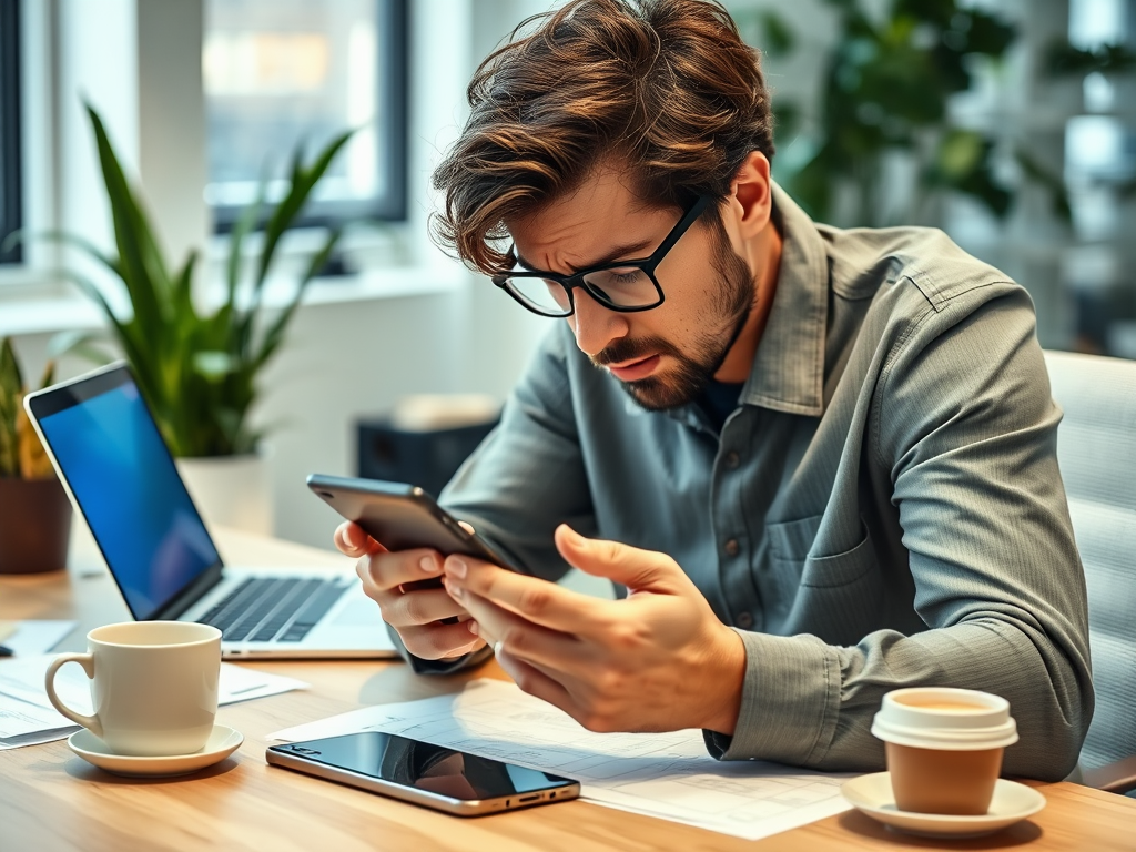 A young man with glasses sits at a desk, focused on his smartphone, with a laptop and coffee nearby.