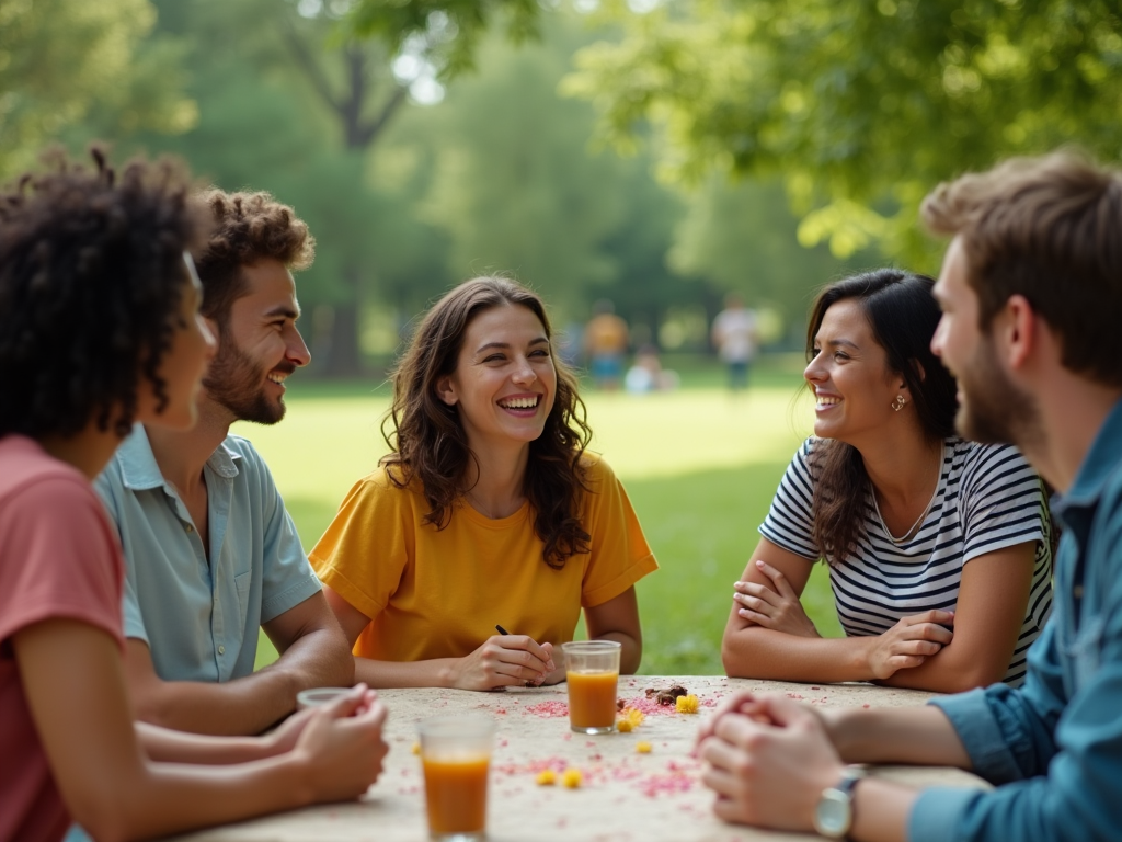 Group of friends laughing and chatting at a park table with drinks.