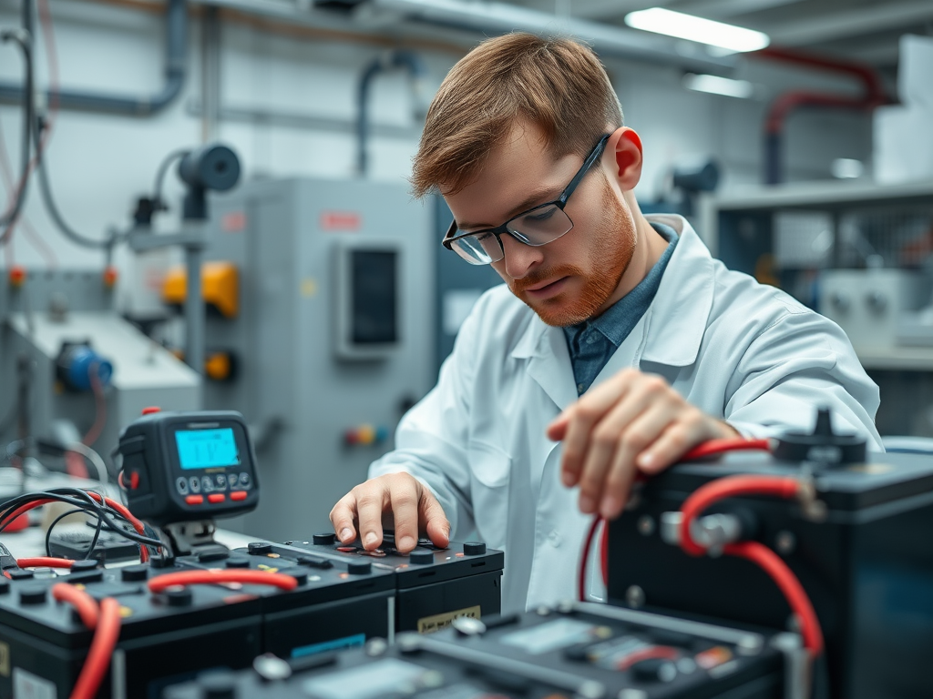 A technician in a lab examines batteries, using equipment to measure voltage and monitor connections.