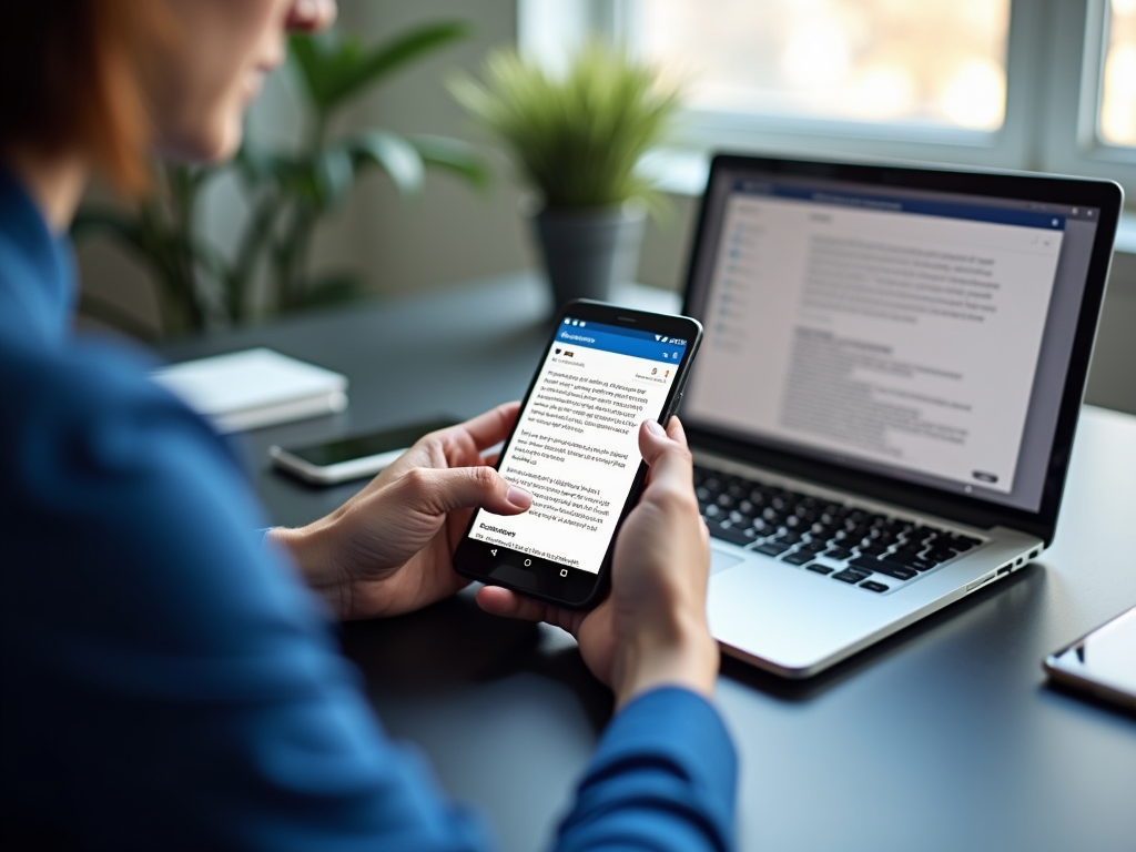 Woman using smartphone and laptop for work in a bright office setting.