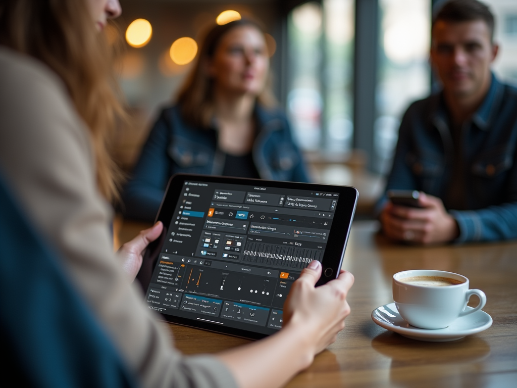 Person holding a tablet with data analytics on screen during a meeting in a cafe.