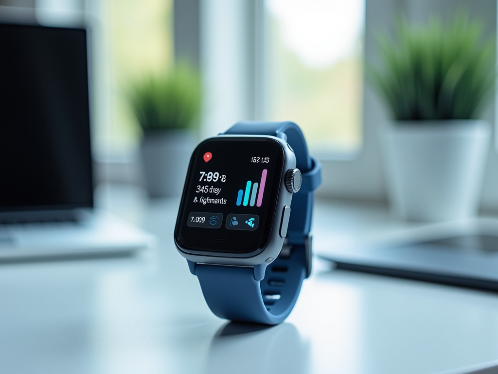 Smartwatch on a desk displaying fitness stats, with a blurred laptop and plant in the background.