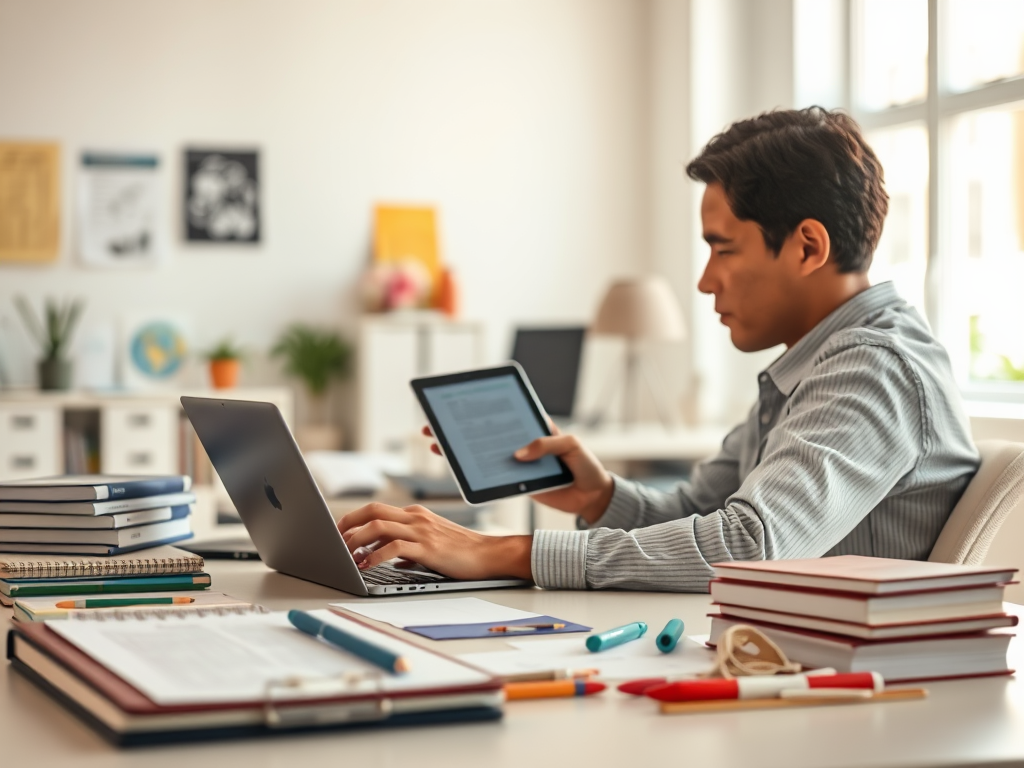 A person works on a laptop while holding a tablet, surrounded by books and stationery in a bright office.