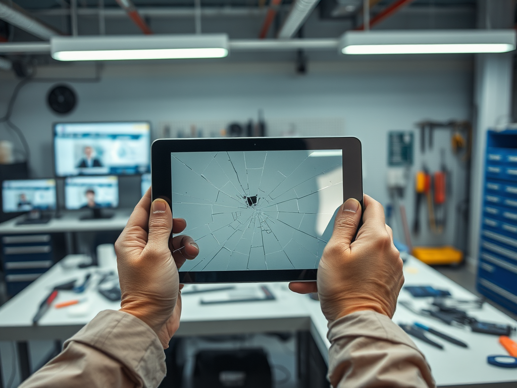A person holds a shattered tablet screen in a workshop, with tools and screens visible in the background.