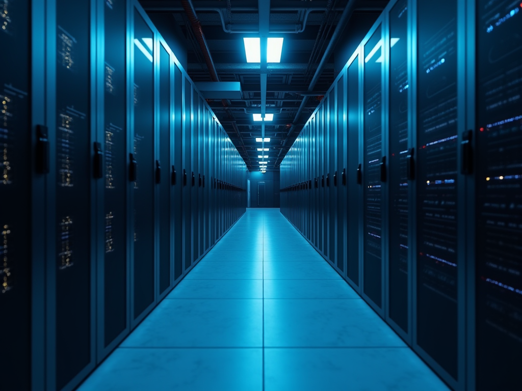 Futuristic data center with illuminated blue server racks in a corridor.