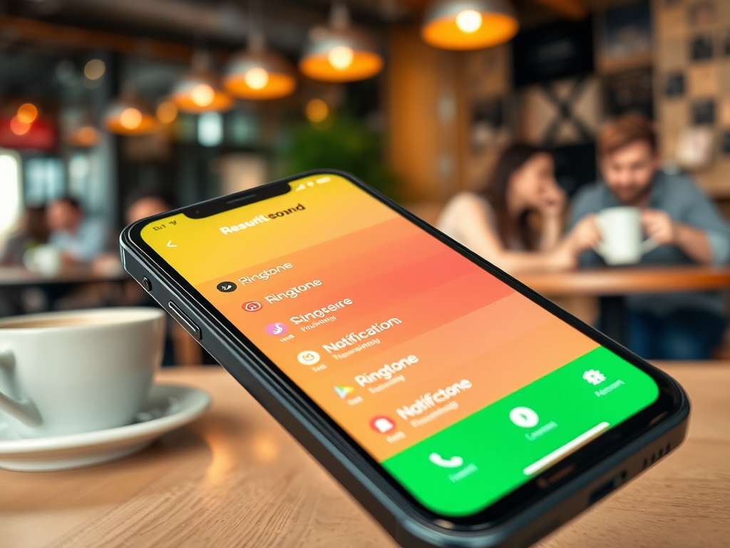 A smartphone displays a sound settings menu in a café, with a coffee cup in the foreground and people chatting in the background.