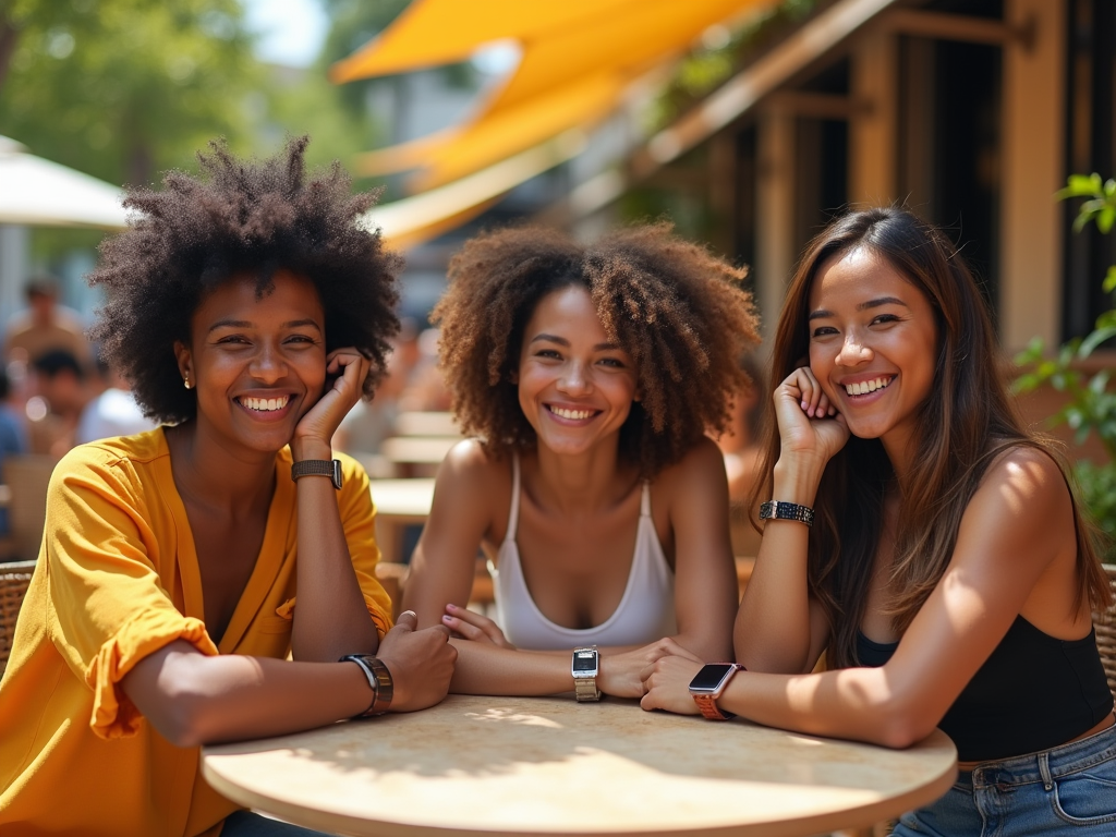 Three joyful women sharing a laugh at an outdoor café table.