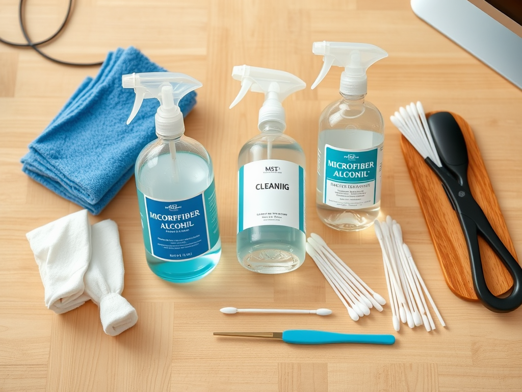 A variety of cleaning supplies, including three spray bottles, microfiber cloths, cotton swabs, and scissors on a wooden surface.