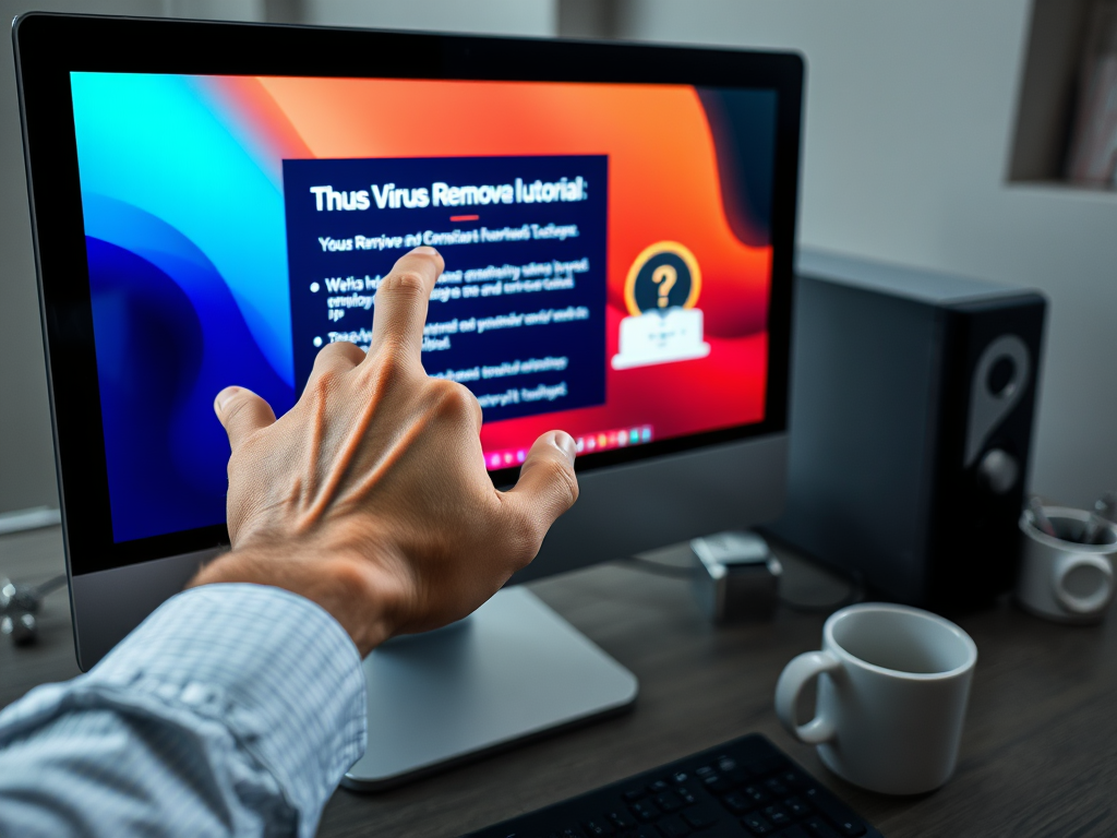 A hand gestures towards a computer screen displaying a "Virus Removal" tutorial, with text and graphics.