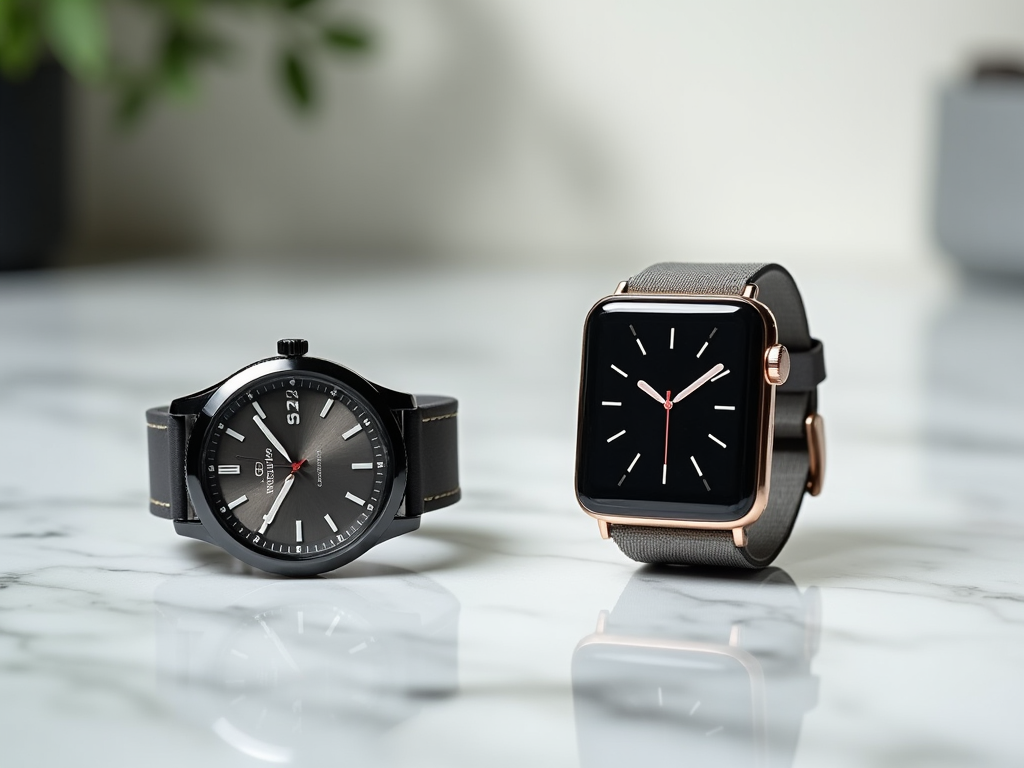 Two modern watches on a marble surface, one round black analog and one square rose-gold digital.