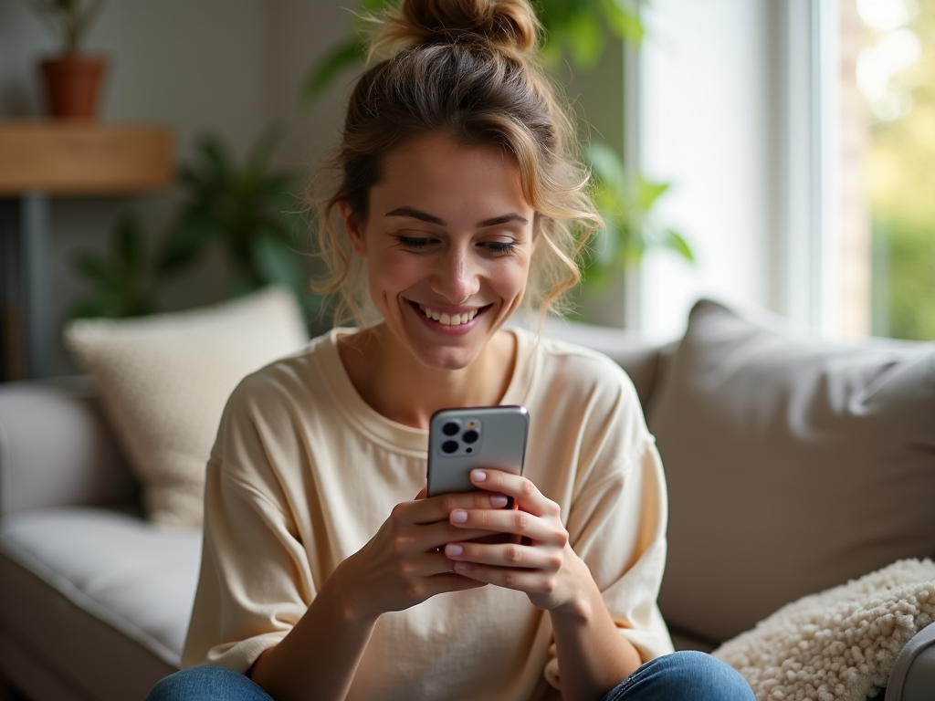 Smiling woman sitting on couch at home using smartphone.