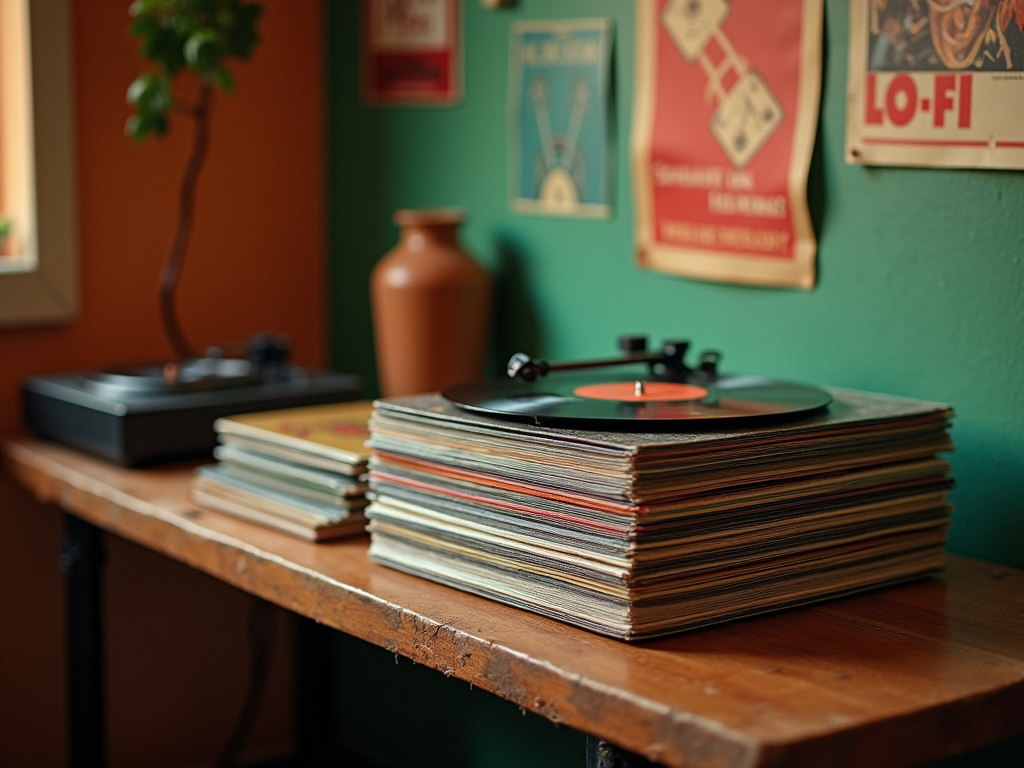 Vintage record player with vinyls on a wooden table, retro room decor.