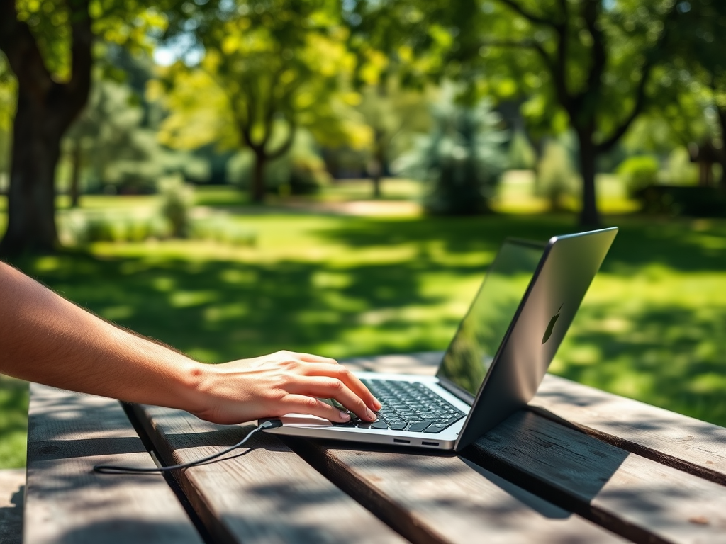 A hand typing on a laptop in a sunny park, surrounded by greenery and trees.