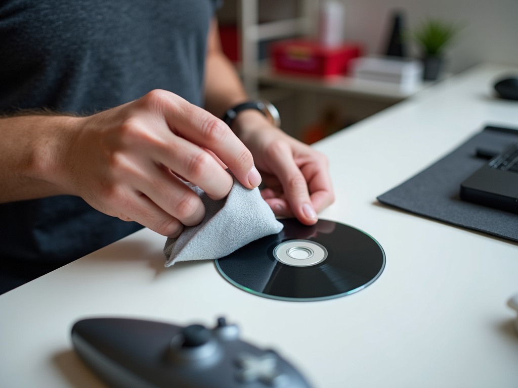 Person cleaning a CD with a cloth on a white desk, surrounded by tech gadgets.