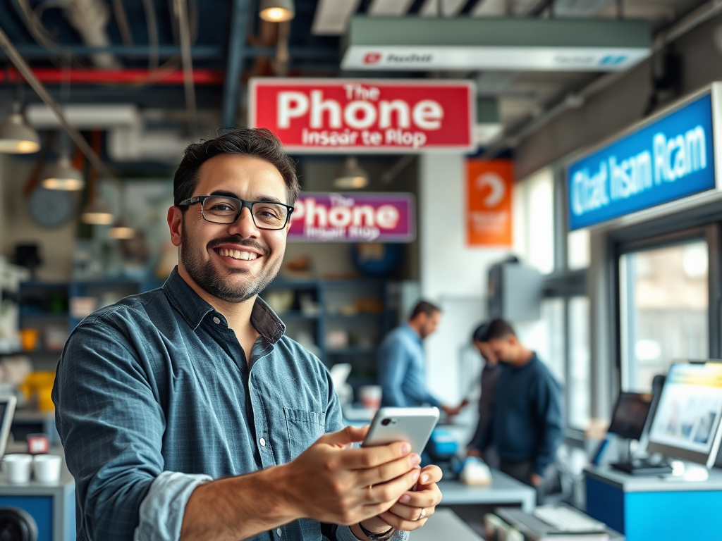 A smiling man in a store holds a smartphone, with colorful signs and other customers in the background.