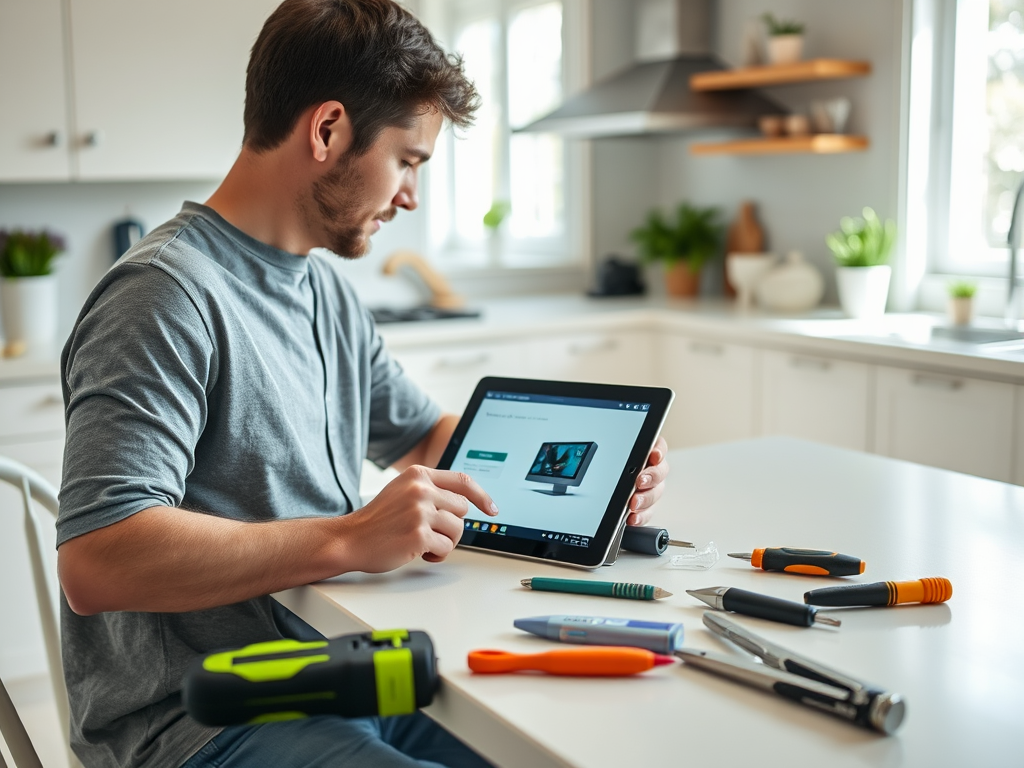 A man works on a tablet surrounded by various tools and a bright kitchen environment.
