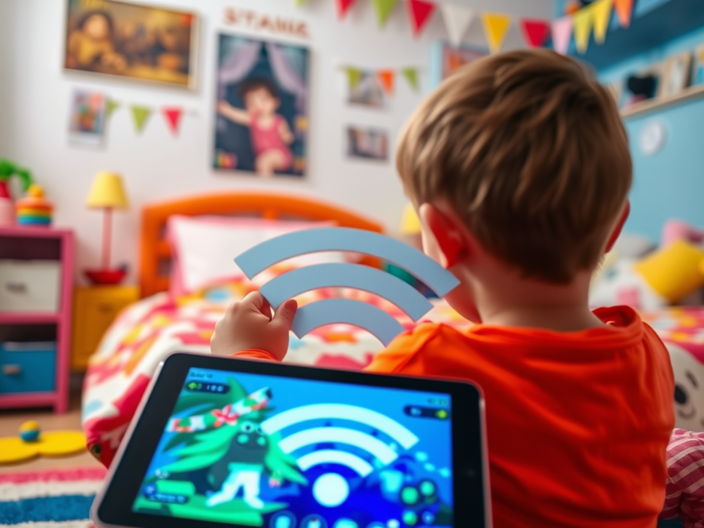 A child in an orange shirt holds a Wi-Fi symbol while seated with a tablet displaying cartoon characters in a colorful room.