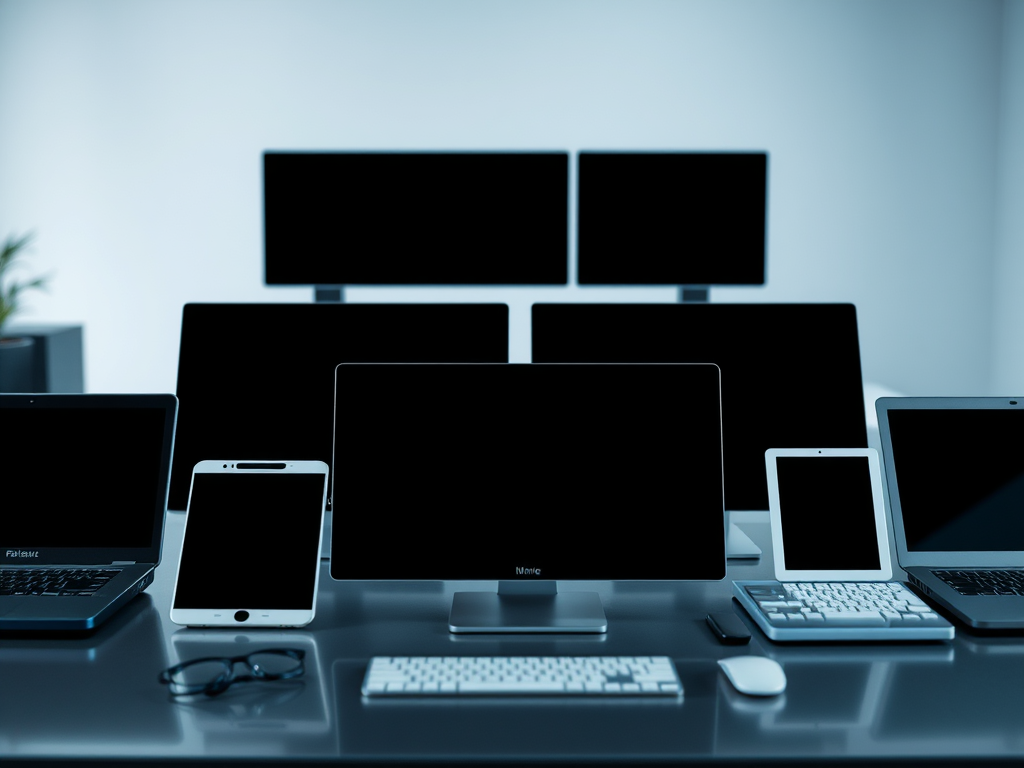 A collection of various computers, tablets, and a smartphone arranged on a desk, all with dark screens.