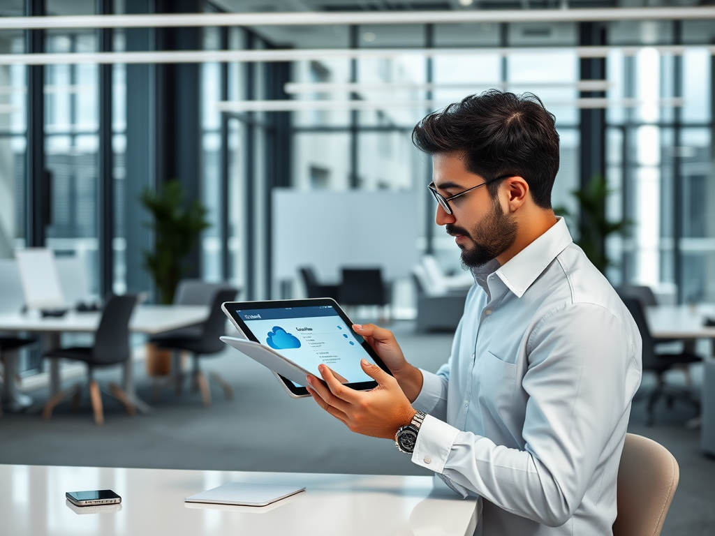 A man in a light blue shirt uses a tablet in a modern office with large windows and minimalistic furniture.