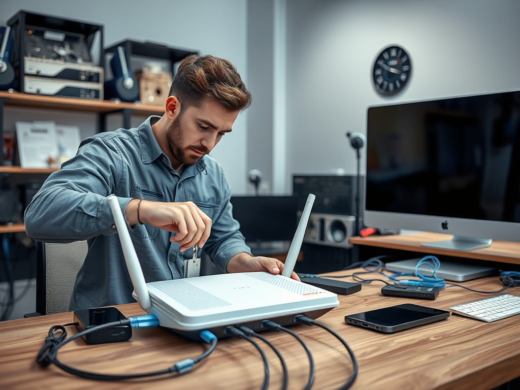 A man is working on a router with cables connected, surrounded by office equipment and a computer.