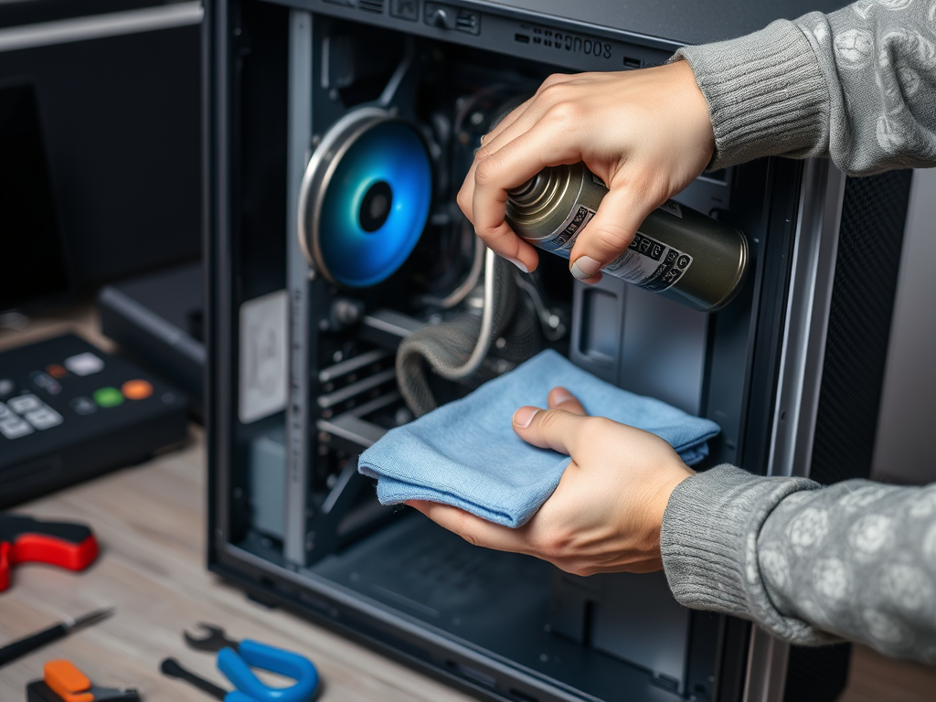 A person cleaning a computer's interior with a cloth and spray can, surrounded by tools on a table.