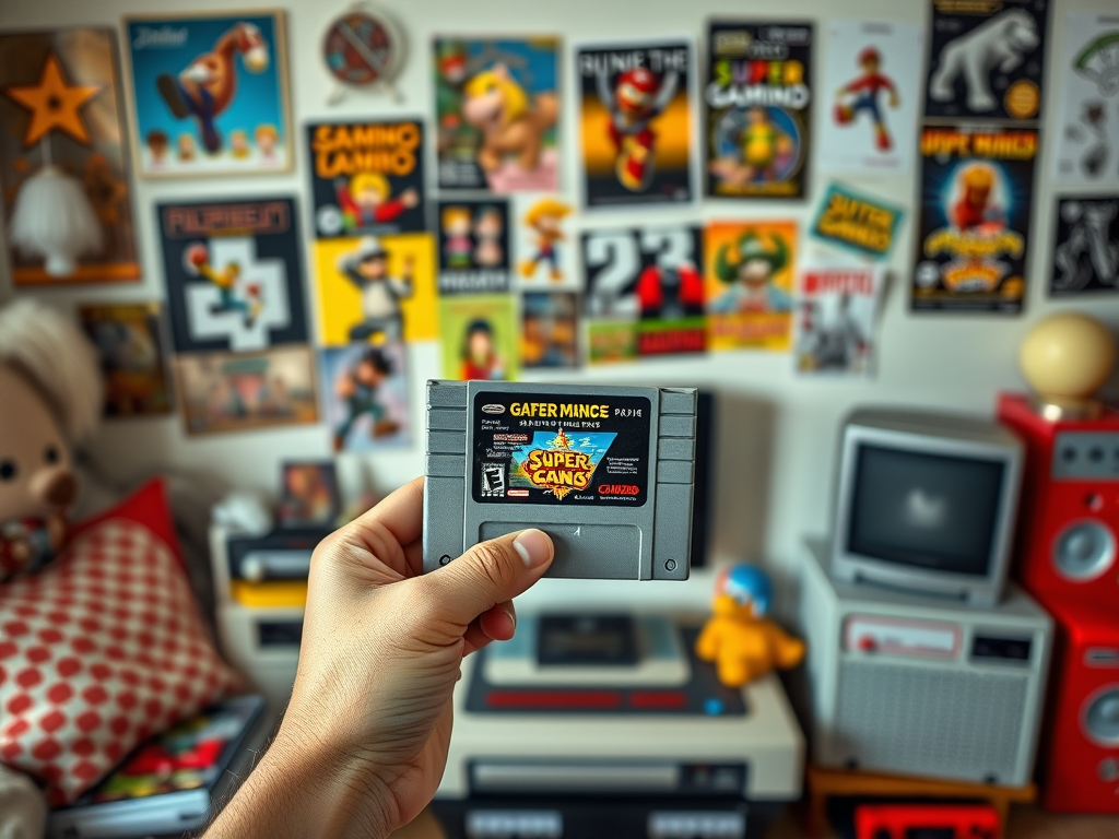 A person holds a video game cartridge in a room filled with nostalgic gaming posters and memorabilia.