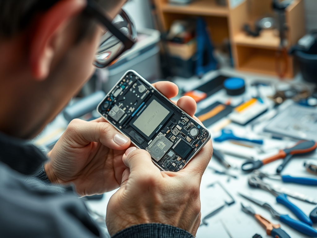 A person is examining the inside of a smartphone, surrounded by various repair tools and equipment.